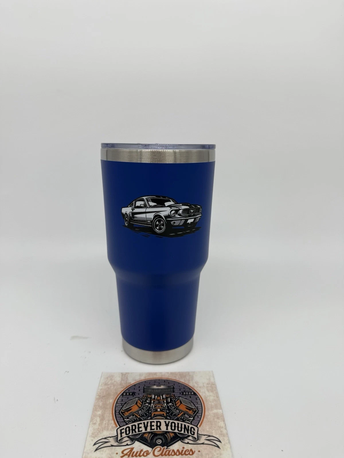 Vintage Ford Mustang Insulated Stainless Steel Travel Mug Blue - Image 2